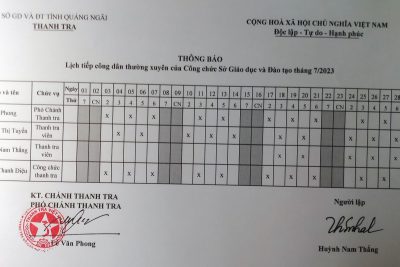 LỊCH TIẾP CÔNG DÂN THÁNG 7 NĂM 2023