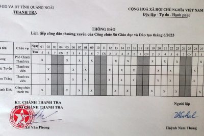 LỊCH TIẾP CÔNG DÂN THÁNG 06 NĂM 2023