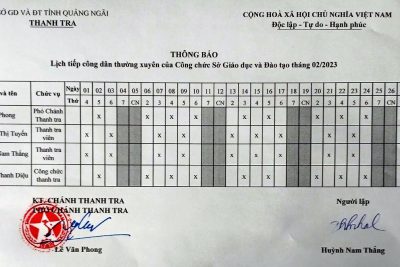 LỊCH TIẾP CÔNG DÂN THÁNG 02 NĂM 2023