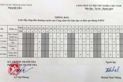 LỊCH TIẾP CÔNG DÂN THÁNG 05 NĂM 2023